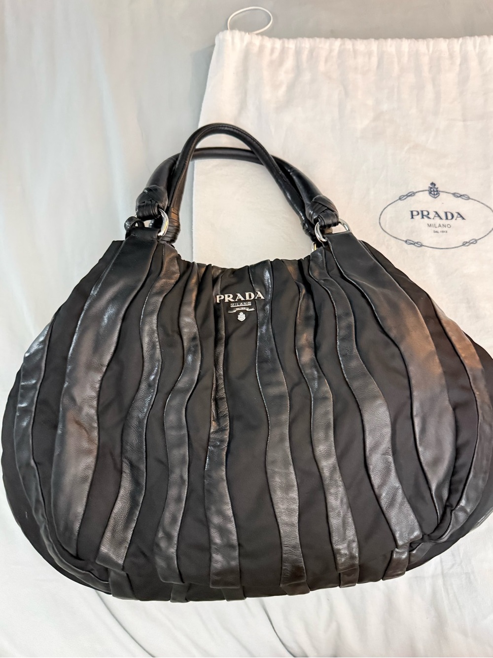 Prada Black Leather Pleated Shoulder Bag (Authentic) with bag and cards COA